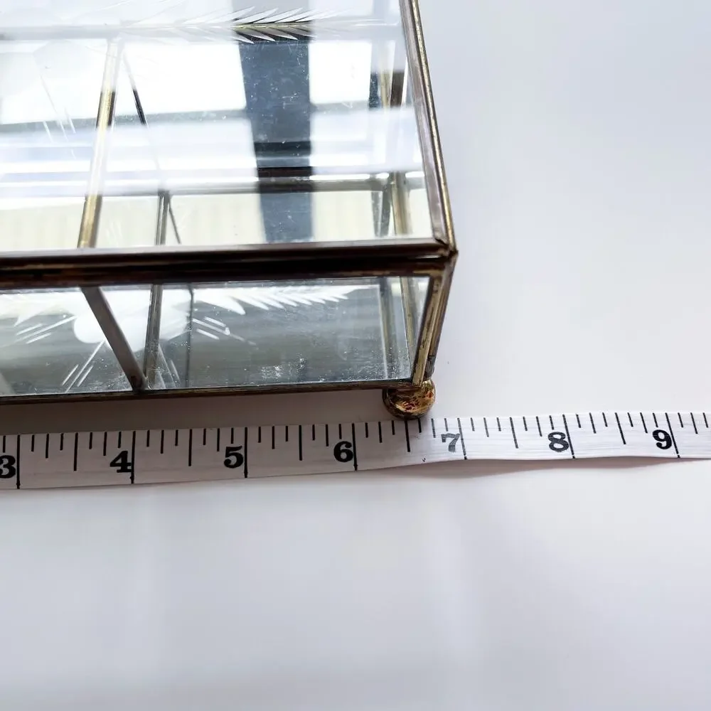 Vintage Brass Etched Glass Mirrored Footed Jewelry or Trinket Box Hinged Lid